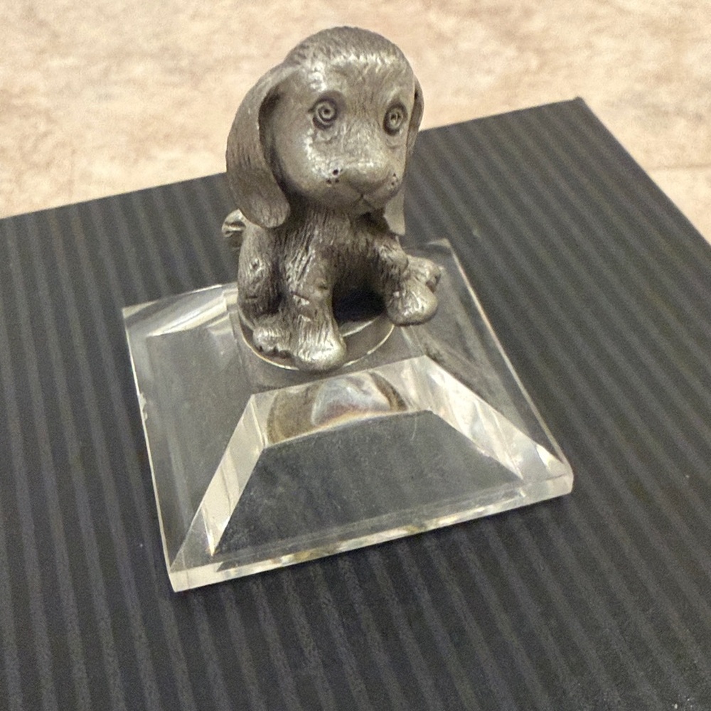 Russ Berrie Silver Pewter Puppy on Crystal Stand